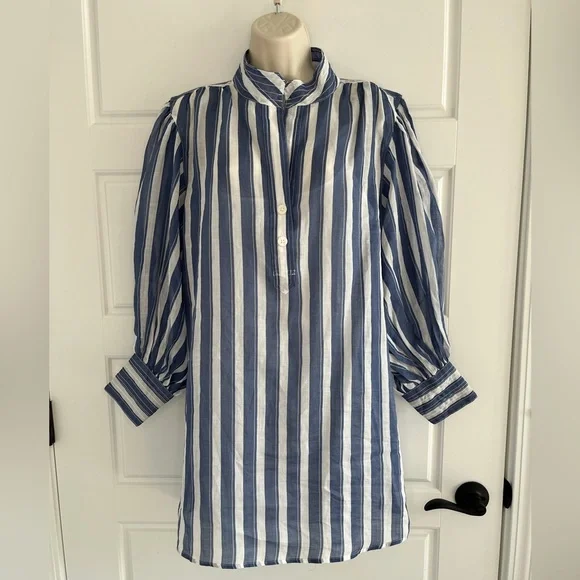 Banana Republic Ramie Popover Shirt Dress Navy White Stripes Size MP Preppy NWT - Picture 2 of 16